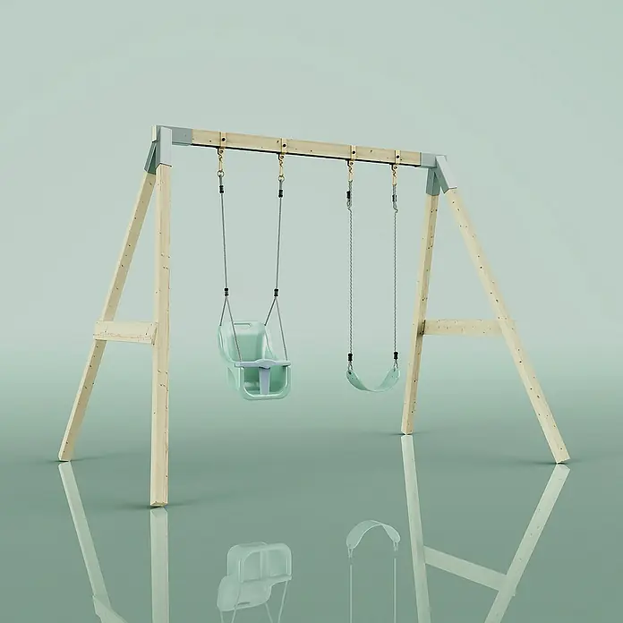 OutdoorToys Schaukel Schaukel Papagei - B x L: 177 x 260 cm, Holz - Eine hölzerne Schaukel mit zwei grünen Sitzen, einer davon für Babys, auf einem hellgrünen, reflektierenden Untergrund.