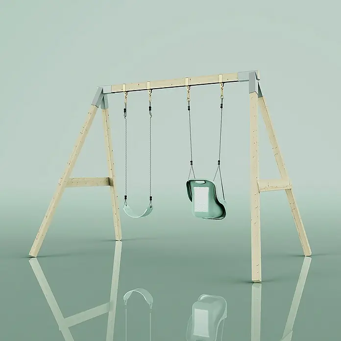 OutdoorToys Schaukel Schaukel Papagei - B x L: 177 x 260 cm, Holz - Eine Schaukel mit zwei Sitzen in verschiedenen Designs vor einem hellgrünen Hintergrund mit Spiegelungen.