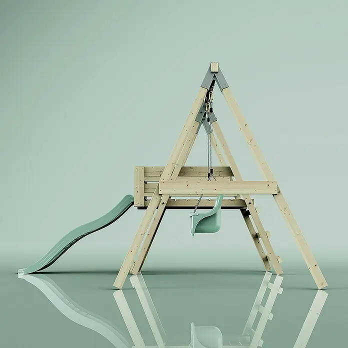 OutdoorToys Schaukel Schaukel Rotfuchs - B x L: 291 x 231 cm, Holz - Holzschaukel mit Rutsche und Babyschaukel. Das ideale Spielgerät für den Garten mit Reflexionen auf dem Boden.