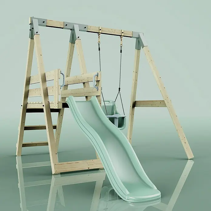 OutdoorToys Schaukel Schaukel Rotfuchs - B x L: 291 x 231 cm, Holz - Ein detailreiches Bild eines Kinderspielplatzes mit Schaukel, Rutsche und Kletterleiter, ideal für stundenlangen Spielspaß im Garten.