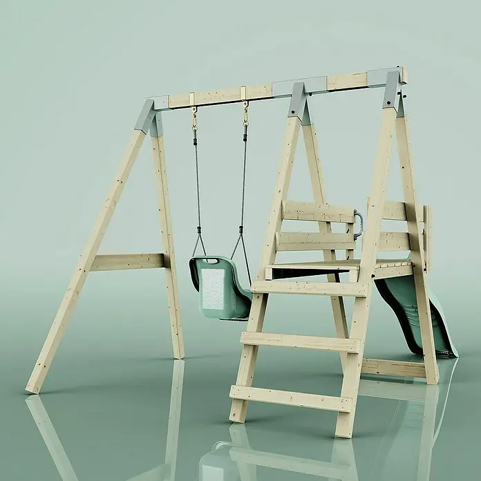 OutdoorToys Schaukel Schaukel Rotfuchs - B x L: 291 x 231 cm, Holz - Ein farbenfrohes Kinderspielplatzgerät mit Schaukel und Rutsche, perfekt für stundenlangen Spaß im Freien.