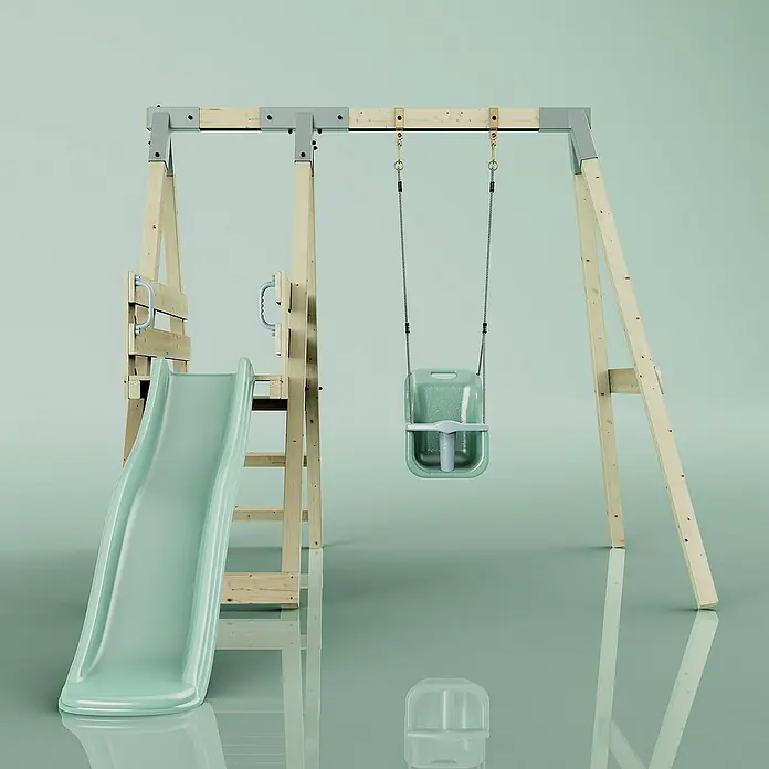 OutdoorToys Schaukel Schaukel Rotfuchs - B x L: 291 x 231 cm, Holz - Detailaufnahme einer Spielplatzschaukel mit Rutsche und Babyschaukel. Ideal für stundenlangen Spielspaß im Freien.