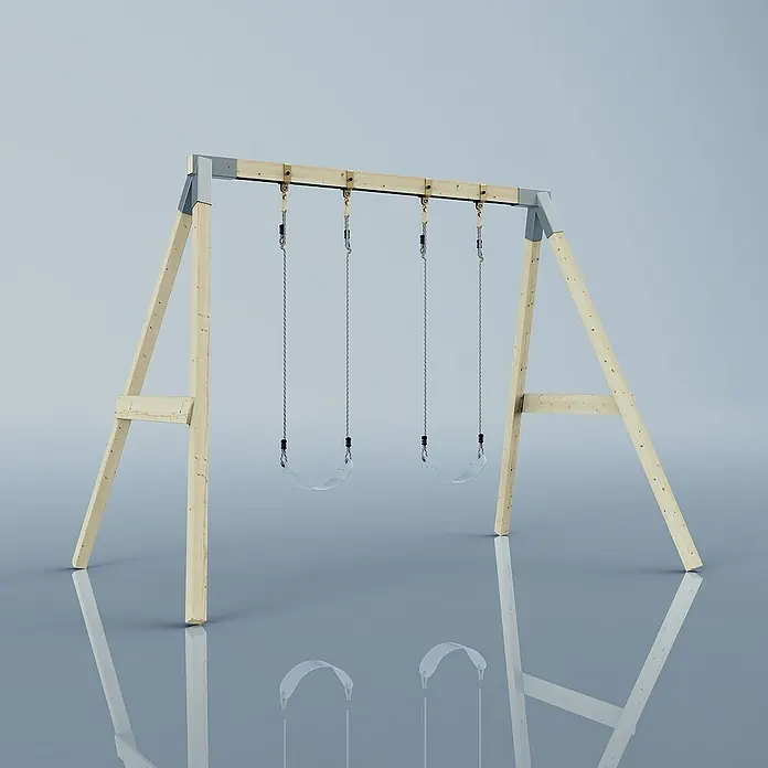 OutdoorToys Schaukel Schaukel Nachtfalter - B x L: 177 x 260 cm, Holz - Das Bild zeigt eine Doppelschaukel mit Holzrahmen und reflektierender Oberfläche, ideal für den Garten und zum Spielen im Freien.