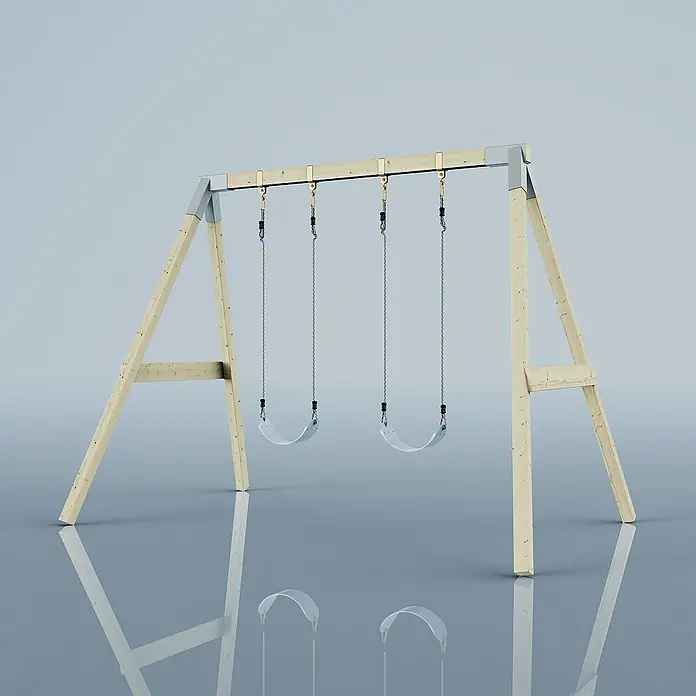 OutdoorToys Schaukel Schaukel Nachtfalter - B x L: 177 x 260 cm, Holz - Eine Schaukel mit zwei Schaukelsitzen aus Holz und Metall. Das Gestell ist hellbraun, die Sitze sind weiss und hängen an Metallketten.