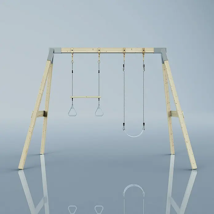 OutdoorToys Schaukel Schaukel Tukan - B x L: 177 x 260 cm, Holz - Abbildung eines Holzschaukelgestells mit Turnringen und einem Schaukelsitz, ideal für den Garten.