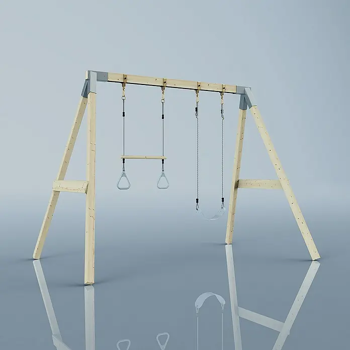 OutdoorToys Schaukel Schaukel Tukan - B x L: 177 x 260 cm, Holz - Bild einer Kinderschaukel mit Turnringen und Schaukelsitz. Robuste Holzkonstruktion mit Metallverbindungen für sicheren Halt im Garten.