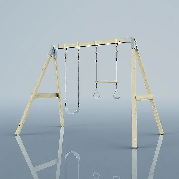 OutdoorToys Schaukel Schaukel Tukan - B x L: 177 x 260 cm, Holz - Das Bild zeigt ein hölzernes Schaukelgerüst mit einer Schaukel und Turnringen, ideal für den Garten und für Kinder zum Spielen im Freien.