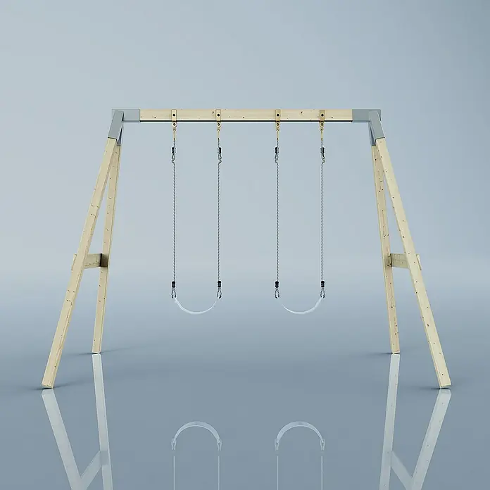 OutdoorToys Schaukel Schaukel Nachtfalter - B x L: 177 x 260 cm, Holz - Abbildung einer hölzernen Doppelschaukel mit grauem Metallrahmen, die ein klassisches Outdoor-Spielgerät für Kinder darstellt.