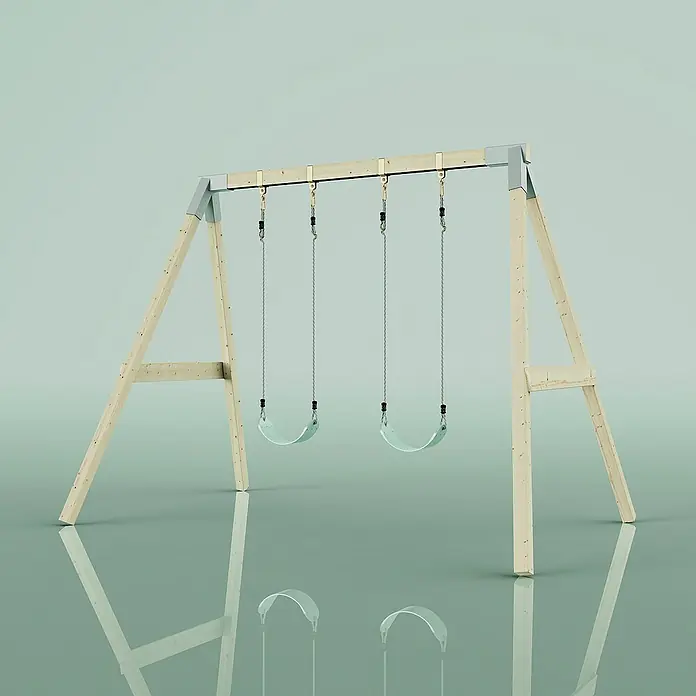 OutdoorToys Schaukel Schaukel Nachtfalter - B x L: 177 x 260 cm, Holz - Eine hölzerne Schaukel mit zwei Schaukelsitzen unter einer hellblauen Oberfläche bietet eine moderne und minimalistische Darstellung.