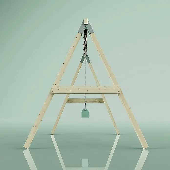 OutdoorToys Schaukel Schaukel Nachtfalter - B x L: 177 x 260 cm, Holz - Ein helles Holzschaukelgestell mit einem mintgrünen Schaukelsitz hängt an Ketten. Die Konstruktion ist einfach und modern.