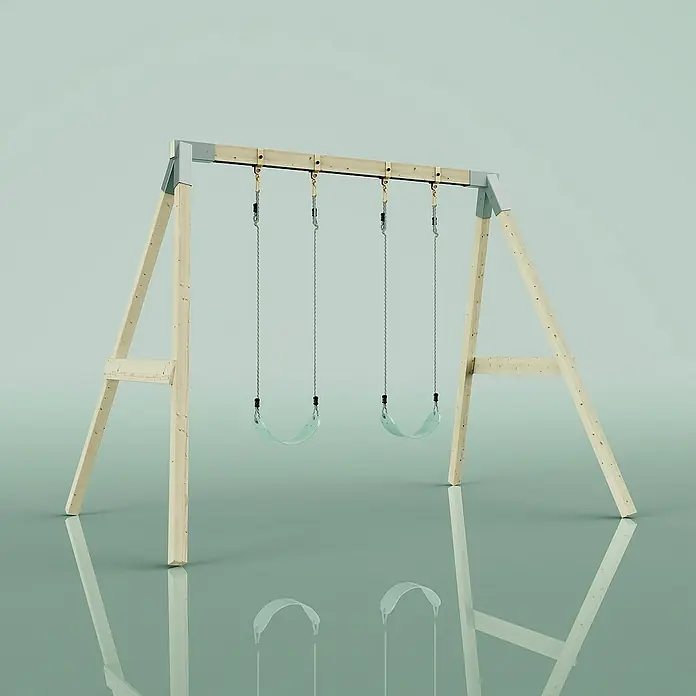 OutdoorToys Schaukel Schaukel Nachtfalter - B x L: 177 x 260 cm, Holz - Eine Schaukel mit zwei Schaukelsitzen aus Holz und Metall vor einem blassgrünen Hintergrund mit Spiegelung am Boden.