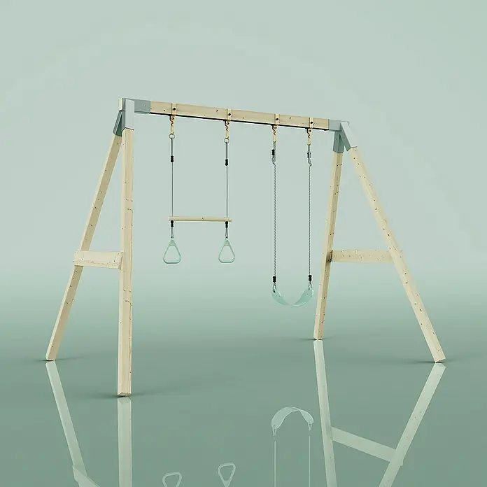 OutdoorToys Schaukel Schaukel Tukan - B x L: 177 x 260 cm, Holz - Spielplatzschaukel mit Turnringen und Schaukelsitz. Das Gestell ist aus hellem Holz und grauem Metall gefertigt. Für Kinder ein toller Spaß.