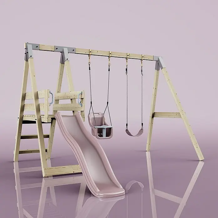 OutdoorToys Schaukel Schaukel Pfau - B x L: 291 x 331 cm, Holz - Hölzerner Spielplatz mit Rutsche und Schaukeln in sanften Farben, ideal für den Garten. Perfekt für aktive Kinder und fantasievolles Spielen.