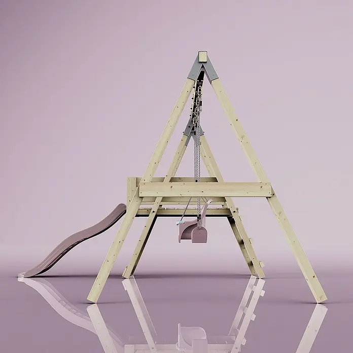 OutdoorToys Schaukel Schaukel Pfau - B x L: 291 x 331 cm, Holz - Nahaufnahme eines Holzschaukelgerüsts mit Rutsche und Baby-Schaukelsitz vor einem einfarbigen Hintergrund, das Haltbarkeit und Spaß verspricht.