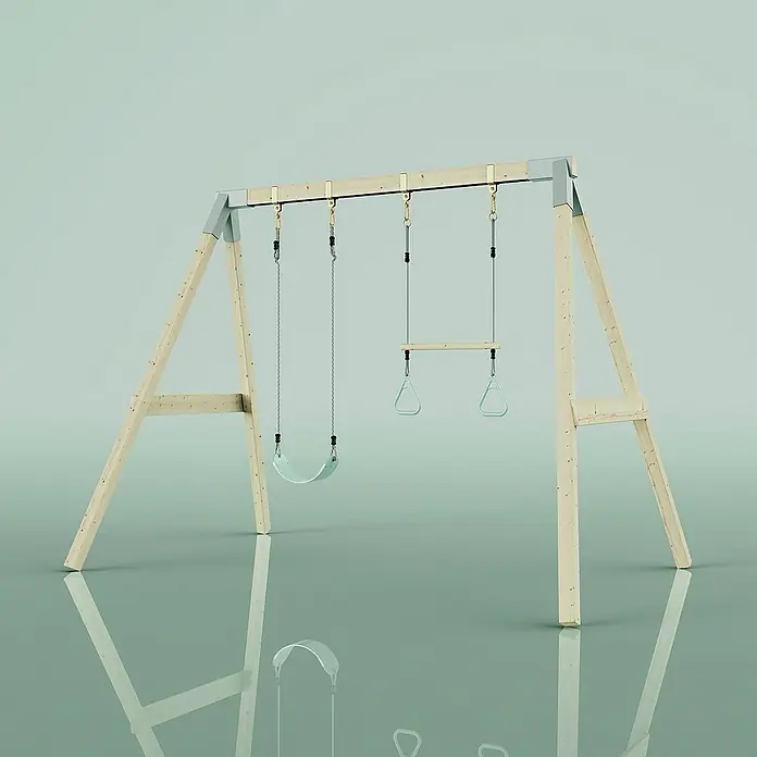 OutdoorToys Schaukel Schaukel Tukan - B x L: 177 x 260 cm, Holz - Eine Schaukelgarnitur mit einem Schaukelsitz und einer Turnstange mit Ringen. Das Gestell ist aus hellem Holz gefertigt und steht auf einem glänzenden Untergrund.
