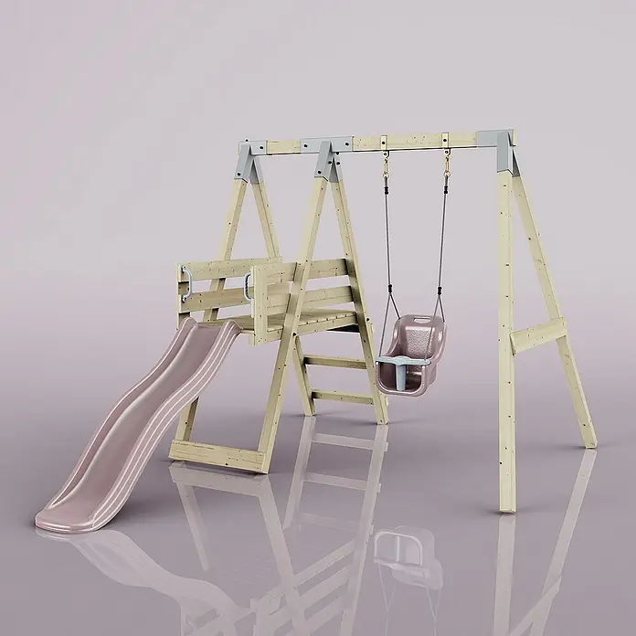 OutdoorToys Schaukel Schaukel Rotfuchs - B x L: 291 x 231 cm, Holz - Eine detailreiche Aufnahme eines Kinderspielplatzes mit Rutsche und Schaukel, ideal für den Garten. Die Holzkonstruktion wirkt robust und einladend.