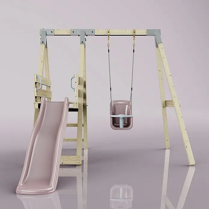 OutdoorToys Schaukel Schaukel Rotfuchs - B x L: 291 x 231 cm, Holz - Ein Kinder-Spielplatz mit Rutsche und Schaukel. Die helle Holzkonstruktion und die pastellfarbenen Elemente wirken freundlich.