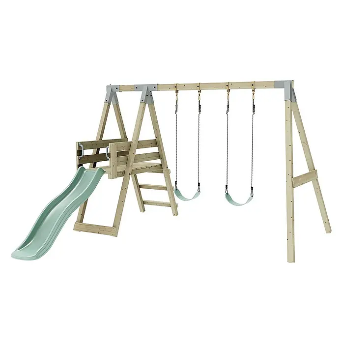 OutdoorToys Schaukel Schaukel Möwe - B x L: 29 x 322 cm, Holz - Ein hölzernes Schaukelgestell mit Rutsche und zwei Schaukeln für Kinder im Garten.