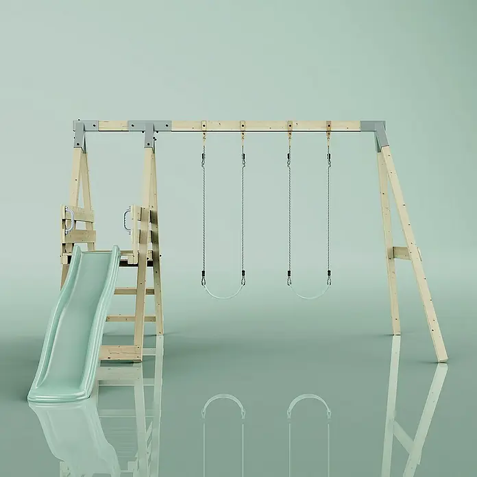 OutdoorToys Schaukel Schaukel Möwe - B x L: 29 x 322 cm, Holz - Eine hölzerne Kinderspielanlage mit Rutsche und zwei Schaukeln, ideal für den Garten. Das Spielgerät bietet Spaß und fördert die Bewegung im Freien.