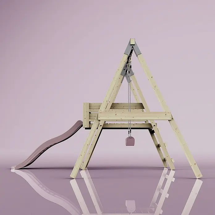 OutdoorToys Schaukel Schaukel Amsel - B x L: 29 x 202 cm, Holz - Ein hölzernes Spielgerüst mit Rutsche und Schaukel vor einem lila Hintergrund, ideal für Kinder zum Spielen und Spaß haben.