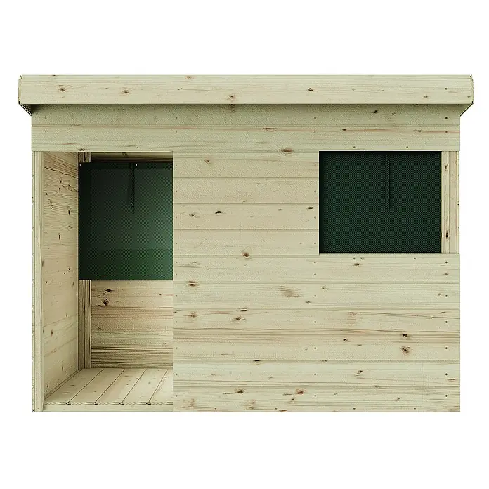 OutdoorToys Spielhaus Spielhaus Sonnenfinsternis - L x B x H: 182 x 282 x 171 cm, Holz, Grün - Nahaufnahme eines Holzschuppens mit grünen Vorhängen an Fenster und Tür.