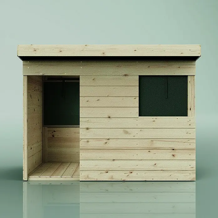 OutdoorToys Spielhaus Spielhaus Sonnenfinsternis - L x B x H: 182 x 282 x 171 cm, Holz, Grün - Ein hölzernes Gartenhaus mit einem offenen Eingang und einem Fenster. Das Haus bietet Stauraum und Schutz im Freien.