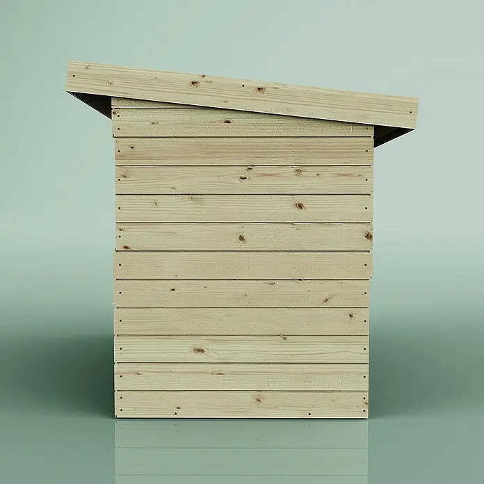 OutdoorToys Spielhaus Spielhaus Sonnenfinsternis - L x B x H: 182 x 282 x 171 cm, Holz, Grün - Abbildung eines Holzschuppens mit geneigtem Dach und horizontalen Holzpaneelen.