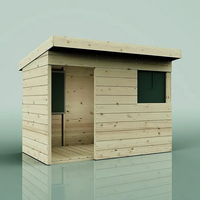 OutdoorToys Spielhaus Spielhaus Sonnenfinsternis - L x B x H: 182 x 282 x 171 cm, Holz, Grün - Ansicht eines Holzschuppens mit Schiebetür und kleinem Fenster. Der Schuppen steht auf einem reflektierenden Untergrund.
