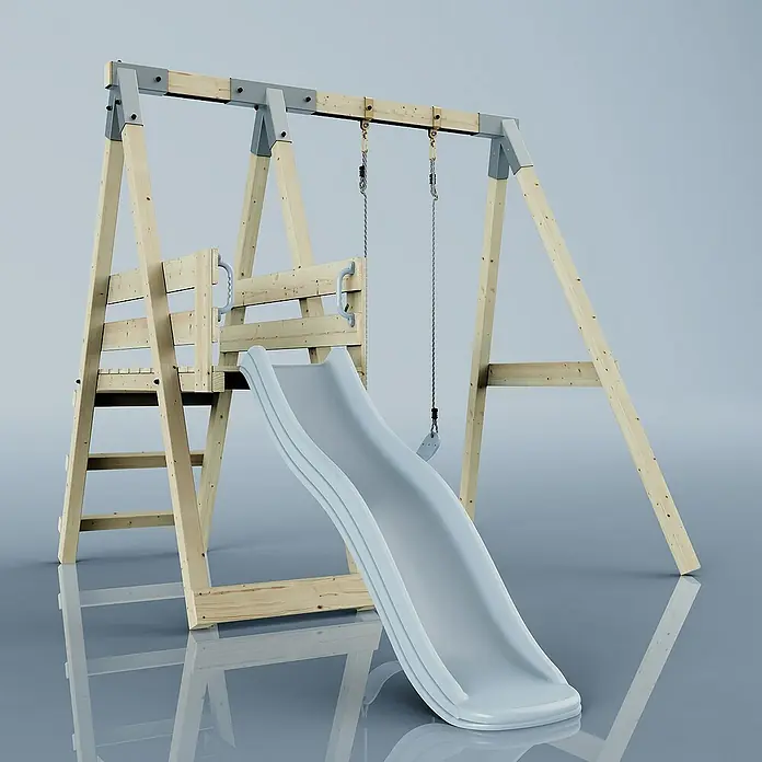 OutdoorToys Schaukel Schaukel Amsel - B x L: 29 x 202 cm, Holz - Ein detailreiches Bild eines Holzspielplatzes mit Rutsche und Schaukel, ideal für den Garten. Sehr schöne Konstruktion für Kinder zum Austoben.