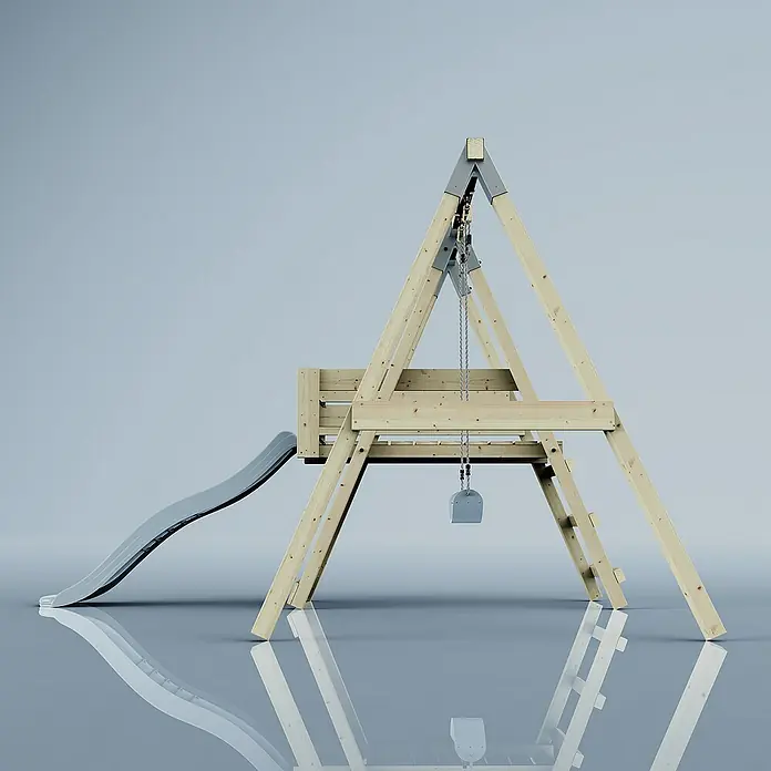 OutdoorToys Schaukel Schaukel Amsel - B x L: 29 x 202 cm, Holz - Ein hölzernes Spielgerüst mit Rutsche und Schaukel vor einem hellen Hintergrund, ideal für den Garten.
