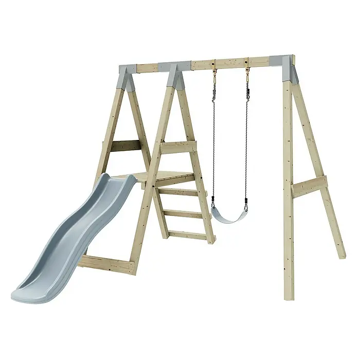 OutdoorToys Schaukel Schaukel Amsel - B x L: 29 x 202 cm, Holz - Ein hölzernes Spielgerüst mit Schaukeln und einer grauen Rutsche. Perfekt für stundenlangen Spaß im Garten.