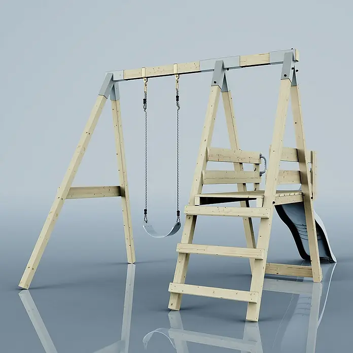 OutdoorToys Schaukel Schaukel Amsel - B x L: 29 x 202 cm, Holz - Nahaufnahme einer Schaukel mit Rutsche, ideal für den Garten. Das Spielgerät besteht aus robustem Holz und Metallverbindungen.