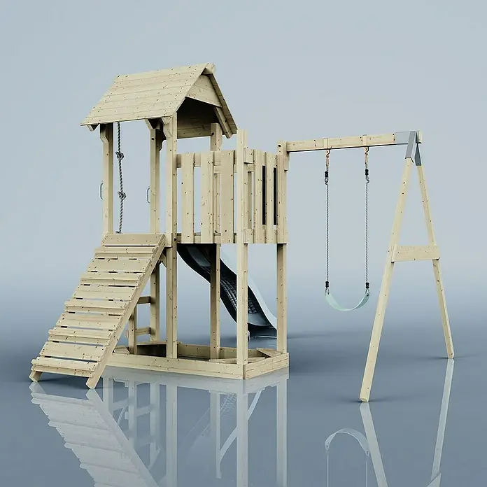 OutdoorToys Kinderspielturm Bergen - L x B x H: 283 x 357 x 273 cm, Blau - Abbildung eines hölzernen Spielturms mit Schaukel, Rutsche und Kletterwand, ideal für den Garten und stundenlangen Spielspaß im Freien.