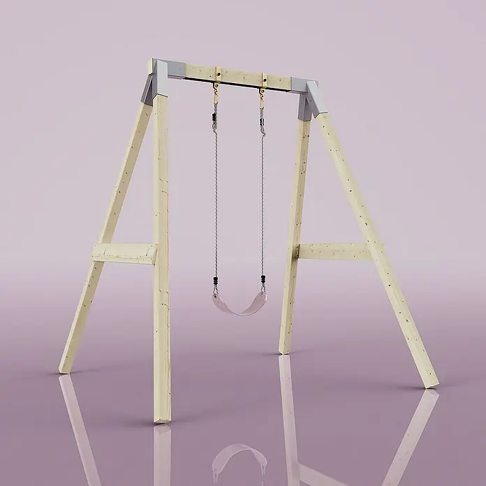 OutdoorToys Schaukel Schaukel Giraffe - B x L: 163 x 179 cm, Holz - Eine hölzerne Kinderschaukel mit einem hellrosa Sitz vor einem hellrosa Hintergrund. Das Holz ist hell und die Beschläge sind grau.