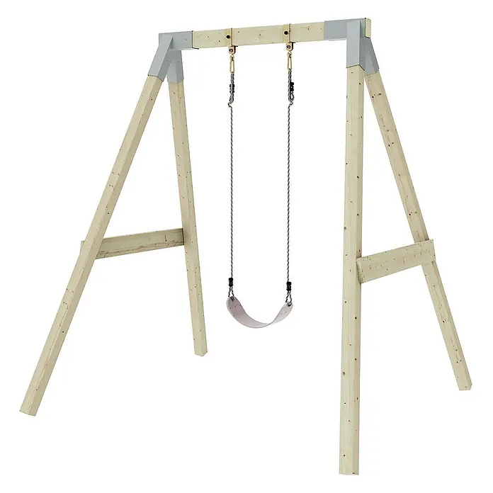 OutdoorToys Schaukel Schaukel Giraffe - B x L: 163 x 179 cm, Holz - Eine freistehende Holzschaukel mit einem rosafarbenen Sitz und einem grauen Winkelverbinder, ideal für den Garten.