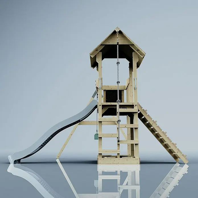 OutdoorToys Kinderspielturm Bergen - L x B x H: 283 x 357 x 273 cm, Blau - Abenteuerlicher Spielturm mit Rutsche, Strickleiter und Kletterwand für unvergesslichen Spielspaß im Freien.