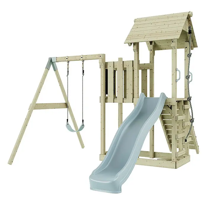 OutdoorToys Kinderspielturm Bergen - L x B x H: 283 x 357 x 273 cm, Blau - Hölzernes Spielhaus mit Schaukel, Rutsche und Kletterwand für Kinder zum Spielen und Austoben im Garten.