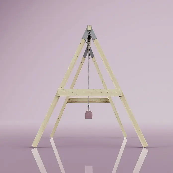 OutdoorToys Schaukel Schaukel Giraffe - B x L: 163 x 179 cm, Holz - Eine Holzschaukel mit Metallelementen und einem rosafarbenen Sitz vor einem lila Hintergrund. Das Design ist minimalistisch und ansprechend.
