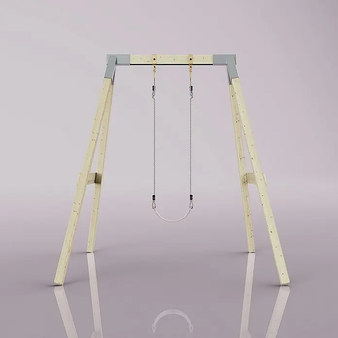 OutdoorToys Schaukel Schaukel Giraffe - B x L: 163 x 179 cm, Holz - Eine einfache Holzschaukel mit grauem Gestell und einem weißen Sitz vor einem hellen Hintergrund. Ideal für Kinder zum Spielen im Freien.