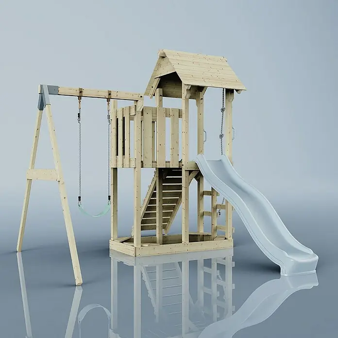 OutdoorToys Kinderspielturm Bergen - L x B x H: 283 x 357 x 273 cm, Blau - Abenteuerlicher Spielturm aus Holz mit Schaukel und Rutsche für fantasievolle Spiele im Freien. Der Spielplatz bietet stundenlangen Spaß.