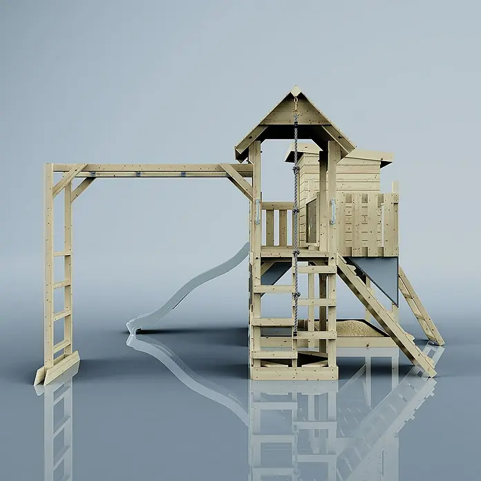 OutdoorToys Kinderspielturm Polarplay Joost - L x B x H: 444 x 406 x 274 cm, Blau - Ein hölzerner Spielturm mit Rutsche, Leiter und Kletterseil lädt Kinder zum aktiven Spielen im Freien ein.