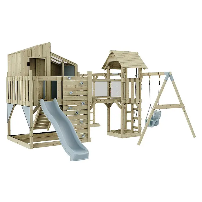 OutdoorToys Kinderspielturm Polarplay Liv - L x B x H: 400 x 503 x 291 cm, Blau - Ein vielseitiger Holzspielplatz mit Rutsche, Schaukel und Kletterwand bietet Kindern abwechslungsreiche Spielmöglichkeiten im Garten.