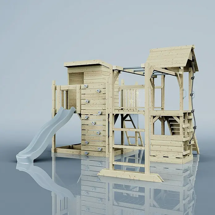 OutdoorToys Kinderspielturm Polarplay Joost - L x B x H: 444 x 406 x 274 cm, Blau - Das Spielhaus mit Rutsche und Kletterwand bietet Kindern vielseitige Spielmöglichkeiten im Garten. Eine tolle Outdoor-Attraktion!