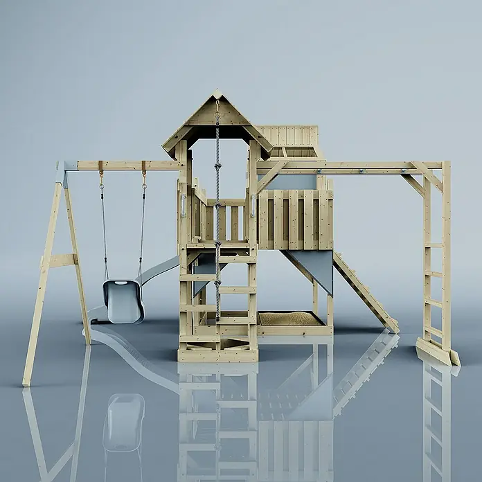 OutdoorToys Kinderspielturm Polarplay Liv - L x B x H: 400 x 503 x 291 cm, Blau - Holzspielplatz mit Schaukel, Rutsche, Kletterwand und Turm für stundenlangen Spaß im Garten. Langlebiges und sicheres Design.