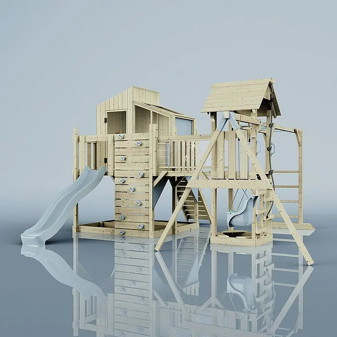 OutdoorToys Kinderspielturm Polarplay Liv - L x B x H: 400 x 503 x 291 cm, Blau - Holzspielplatz mit Rutsche, Kletterwand, Schaukel und Spielhaus für Kinder zum Austoben im Garten.