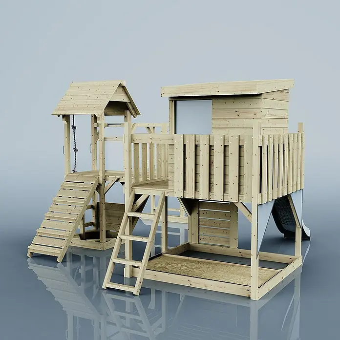 OutdoorToys Kinderspielturm Polarplay Joost - L x B x H: 444 x 406 x 274 cm, Blau - Holz-Spielhaus für Kinder mit Rutsche, Leiter und Kletterseil für Spaß im Garten. Das perfekte Spielgerät für aktive Kinder!