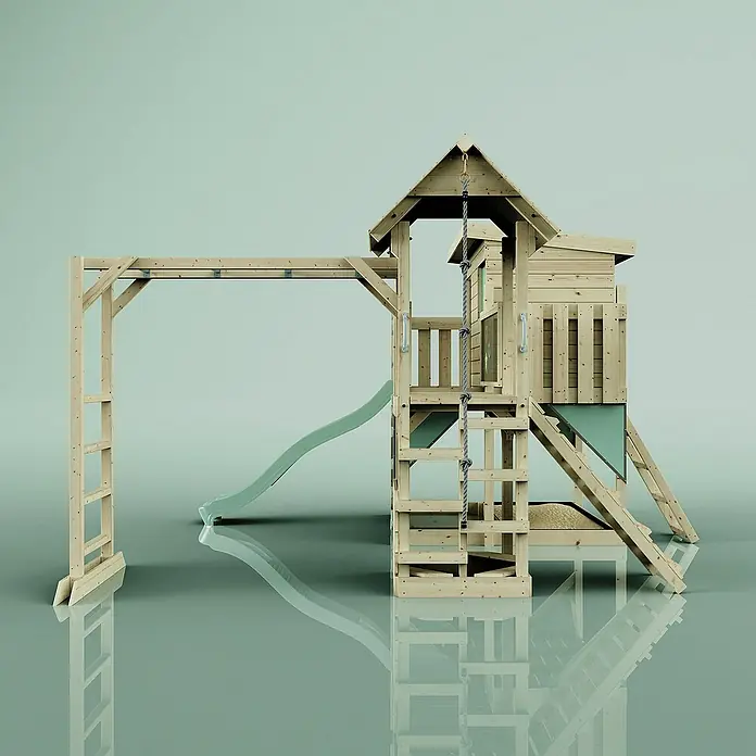 OutdoorToys Kinderspielturm Polarplay Isak Grün - Holz, Grün - Ein hölzernes Spielhaus mit Rutsche, Kletterwand und Schaukelgerüst für Kinder im Garten.