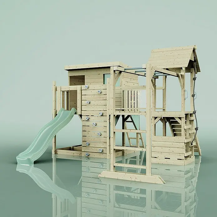 OutdoorToys Kinderspielturm Polarplay Isak - L x B x H: 444 x 406 x 274 cm, Grün - Holzspielhaus mit Rutsche, Kletterwand und Seil für Kinder zum Spielen und Klettern im Garten. Das Spielhaus bietet viel Spaß.