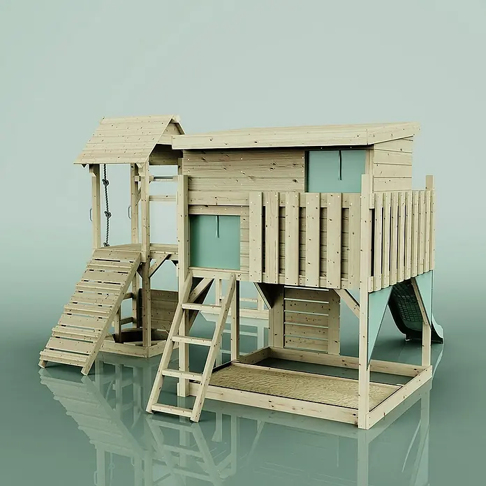 OutdoorToys Kinderspielturm Polarplay Isak Grün - Holz, Grün - Abenteuerlicher Spielturm aus Holz mit Rutsche, Kletterwand und kleinem Häuschen für stundenlangen Spielspaß im Garten.