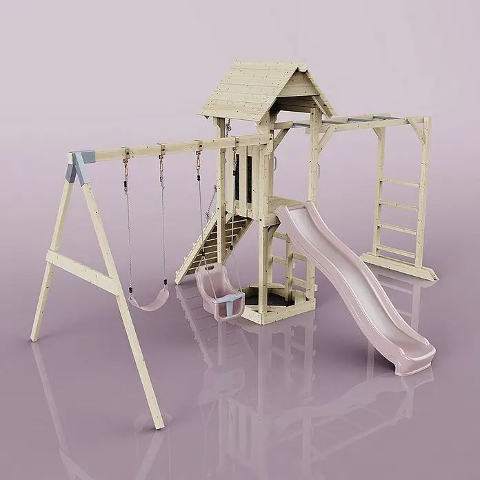 OutdoorToys Kinderspielturm Örebro - L x B x H: 358 x 491 x 275 cm, Rosa - Holzspielplatz mit Schaukeln, Rutsche und Klettergerüst auf rosa Untergrund. Ideal für stundenlangen Spielspaß im Freien.